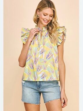 Pinch "Just Another Day" yellow floral blouse flutter ruffle sleeves Small